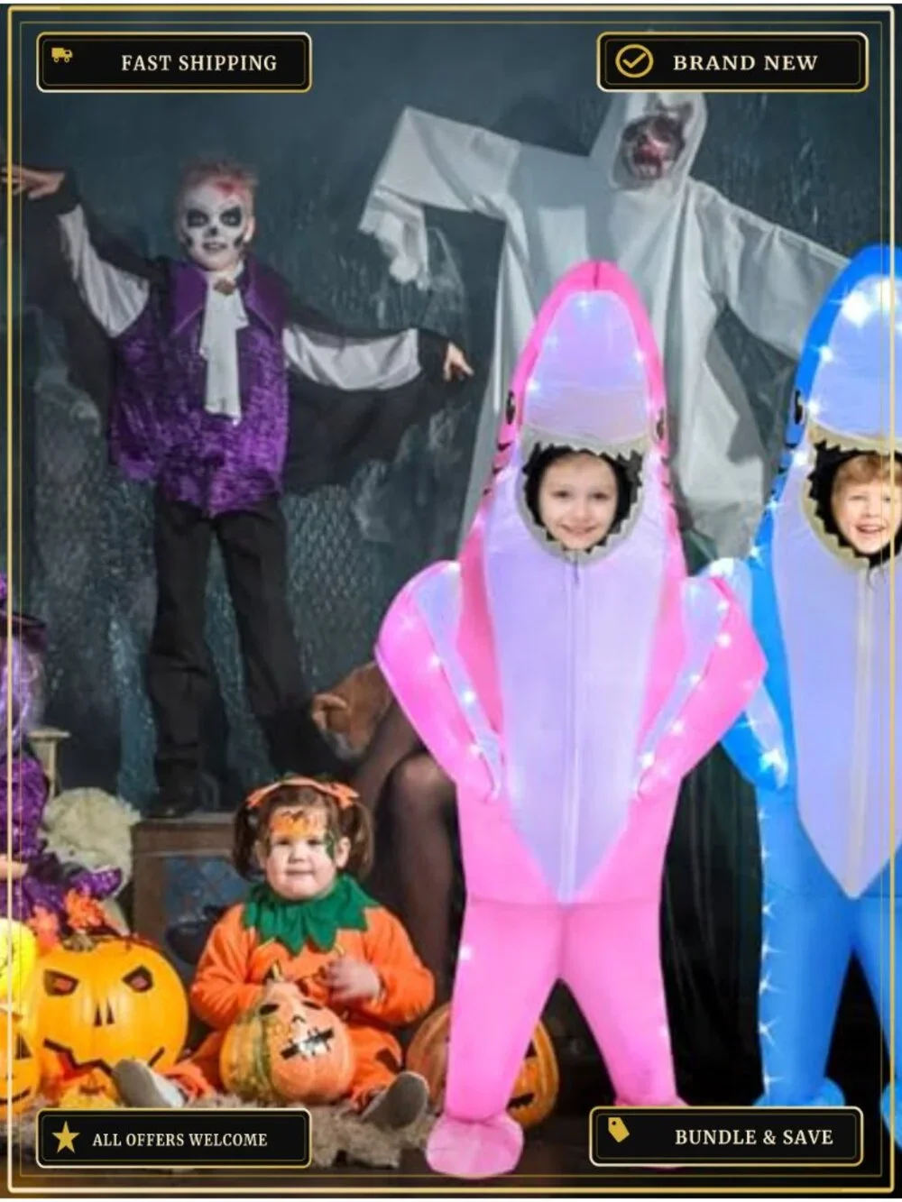 Kids Inflatable Shark Costume LED Lights Blow Up Halloween Cosplay
